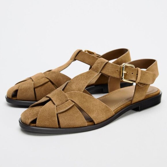 Zara Camel SUEDE CAGE SANDALS - Picture 1 of 8
